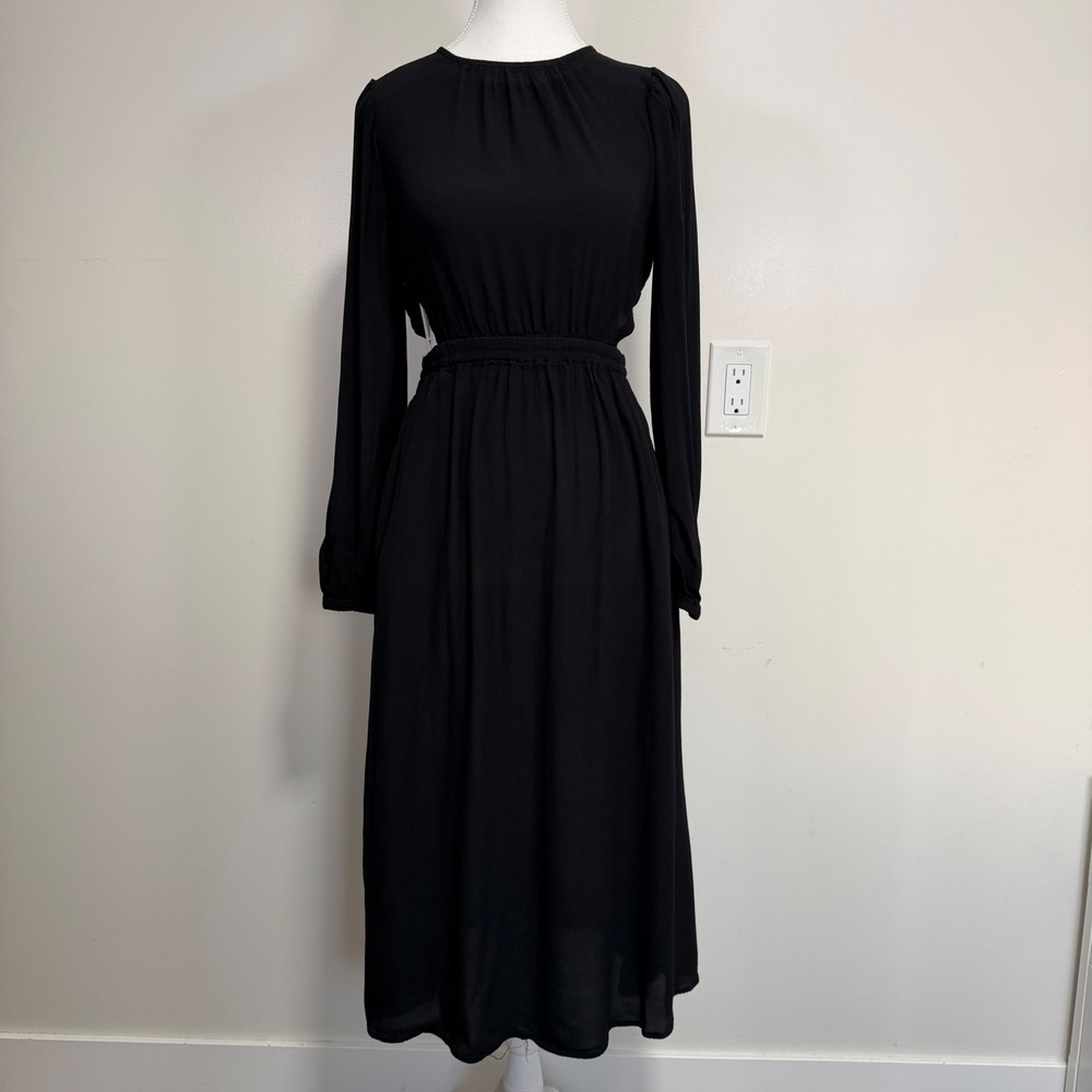 Gap Midi Dress with Pockets Women XS Black Long Sleeve Cut Out Waist Rayon
